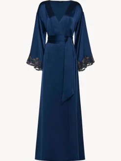 La Perla Blue Long Silk Robe With Frastaglio< Robes|Silk Sleepwear