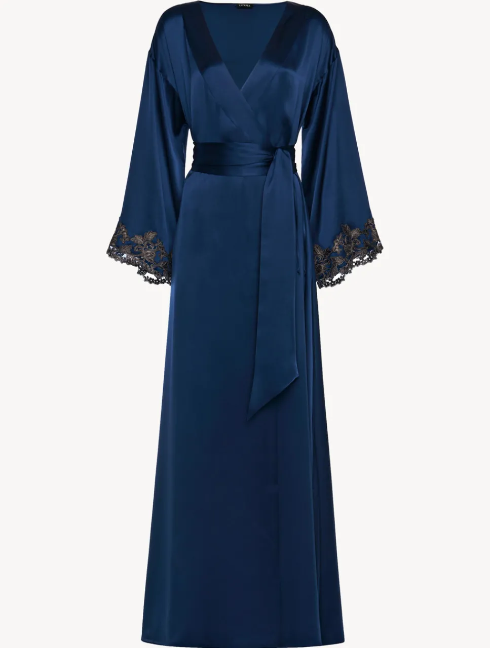 La Perla Blue Long Silk Robe With Frastaglio< Robes|Silk Sleepwear