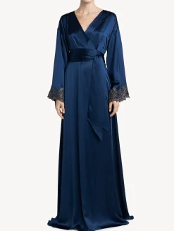 La Perla Blue Long Silk Robe With Frastaglio< Robes|Silk Sleepwear