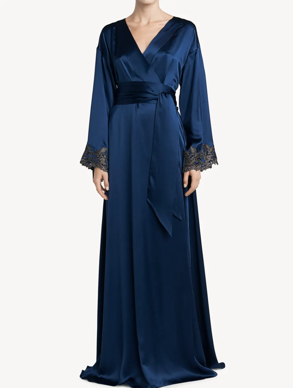 La Perla Blue Long Silk Robe With Frastaglio< Robes|Silk Sleepwear