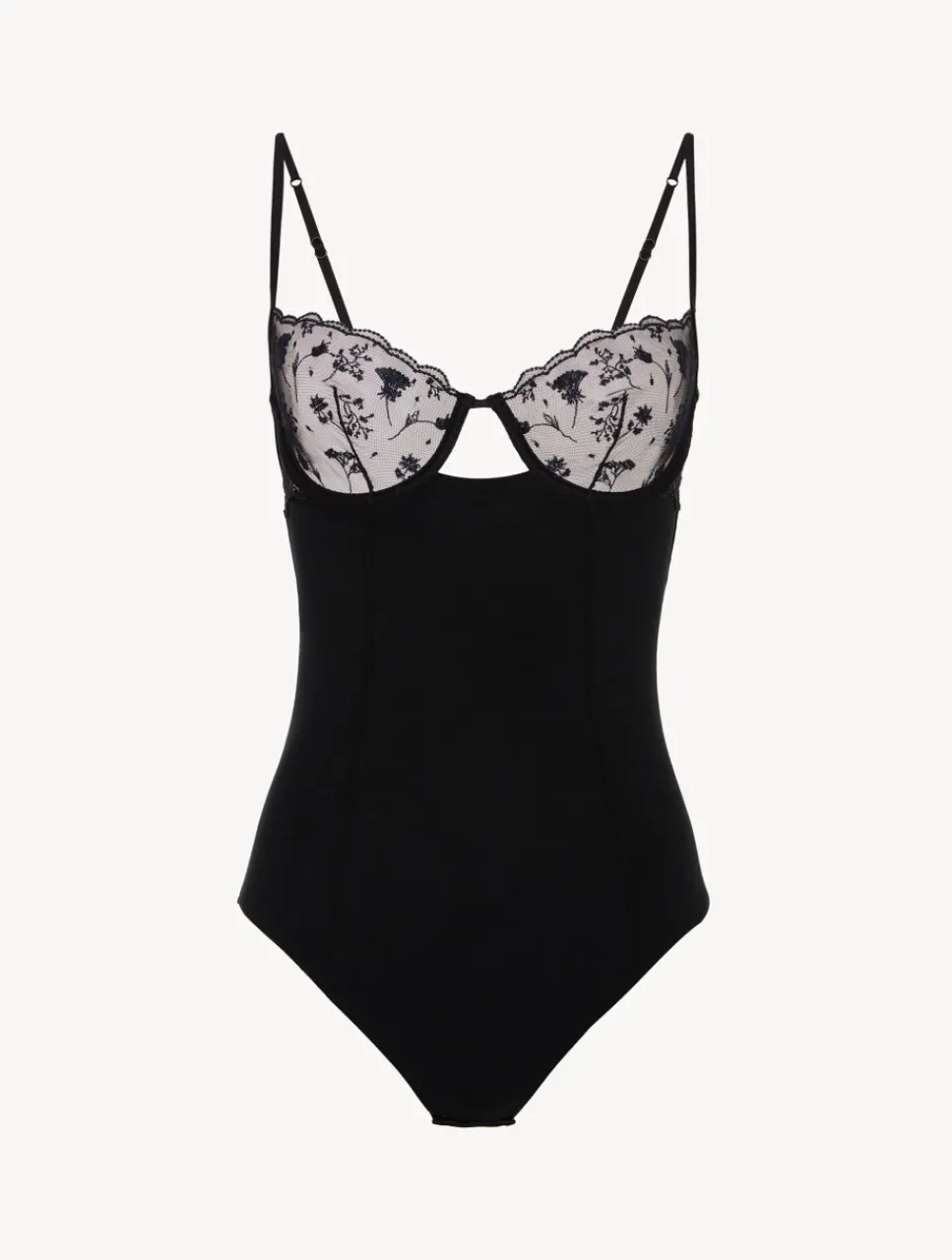 La Perla Bodysuit In Onyx With Embroidered Tulle< Bodysuits & Bustiers
