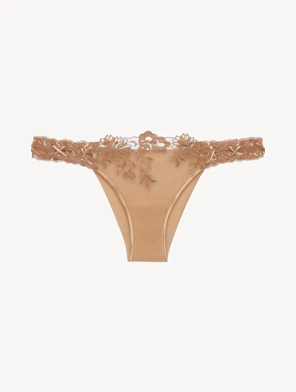 La Perla Brazilian Brief In Beige Lycra With Embroidered Tulle< Brazilian