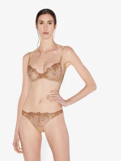 La Perla Brazilian Brief In Beige Lycra With Embroidered Tulle< Brazilian