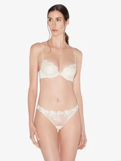 La Perla Brazilian Brief In Off- Lycra With Embroidered Tulle< Brazilian