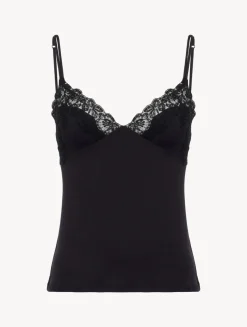 La Perla Cashmere Blend Ribbed Camisole In Onyx With Frastaglio< Camisoles|Pajamas