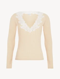 La Perla Cashmere Blend Ribbed Long-sleeved Top In Halo With Frastaglio< Camisoles|Pajamas
