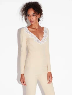 La Perla Cashmere Blend Ribbed Long-sleeved Top In Halo With Frastaglio< Camisoles|Pajamas