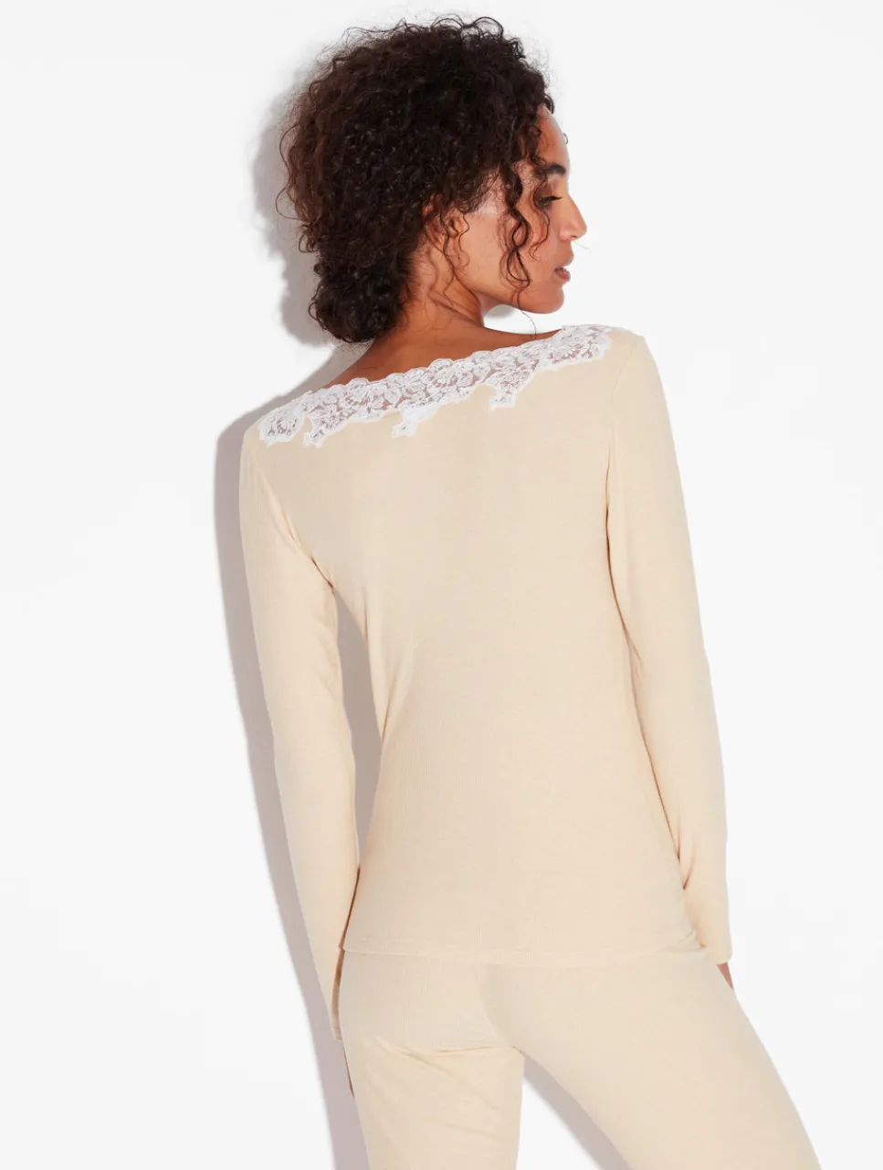 La Perla Cashmere Blend Ribbed Long-sleeved Top In Halo With Frastaglio< Camisoles|Pajamas