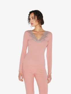 La Perla Cashmere Blend Ribbed Long-sleeved Top In Blush Clay With Frastaglio< Pajamas|Loungewear