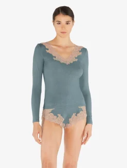 La Perla Cashmere Blend Ribbed Long-sleeved Top In Sleepy Dream With Frastaglio< Camisoles|Pajamas