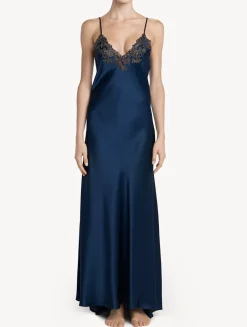 La Perla Long Blue Nightgown With Frastaglio< Slips & Dresses|Silk Sleepwear