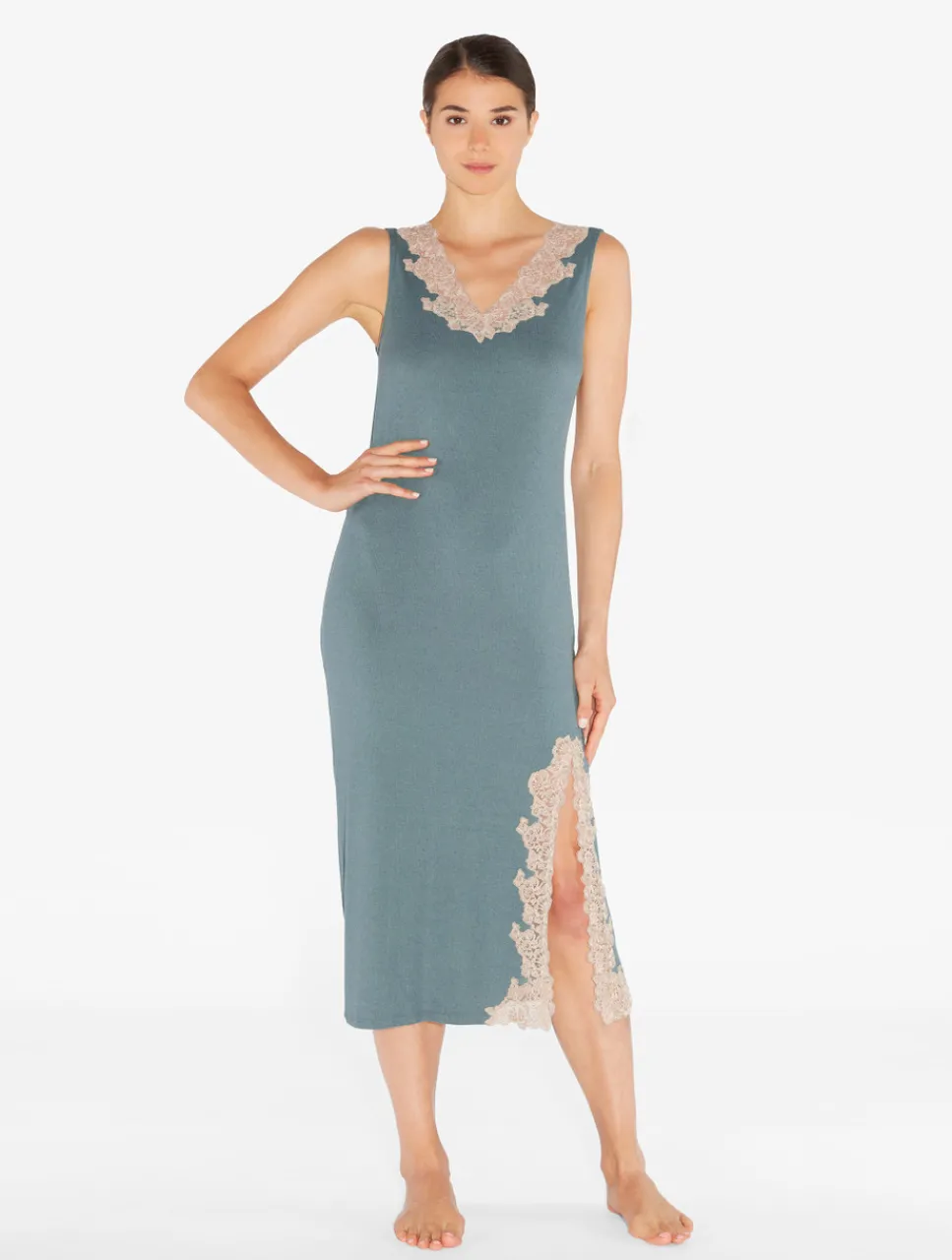 La Perla Long Cashmere Blend Ribbed Nightgown In Sleepy Dream With Frastaglio< Pajamas|Slips & Dresses