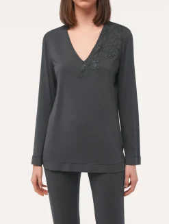 La Perla Long-sleeved Top In Charcoal Modal< Camisoles|Pajamas