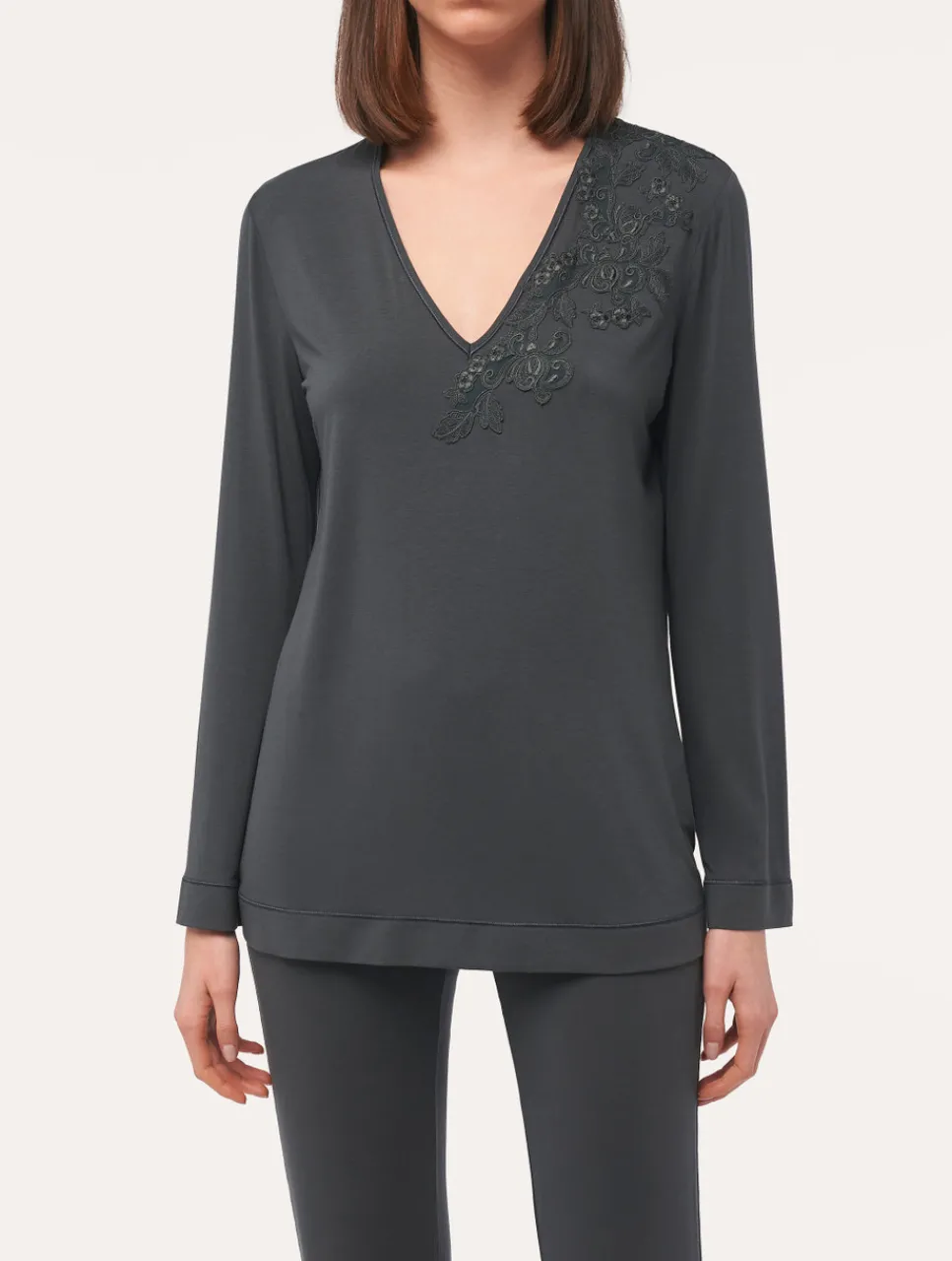 La Perla Long-sleeved Top In Charcoal Modal< Camisoles|Pajamas