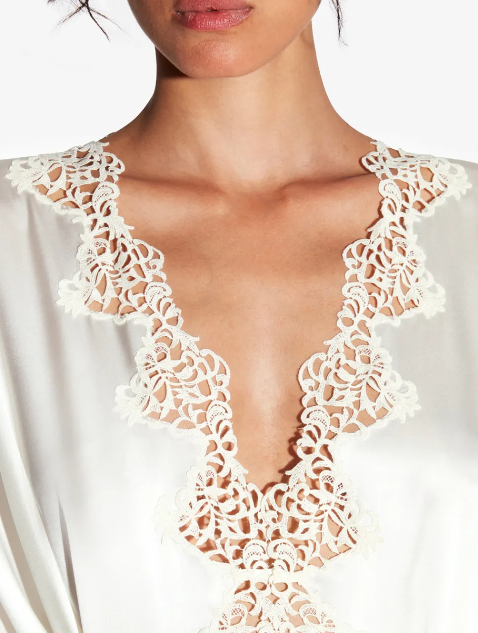 La Perla Off-white Long Silk Robe With Macramé< Robes|Silk Sleepwear