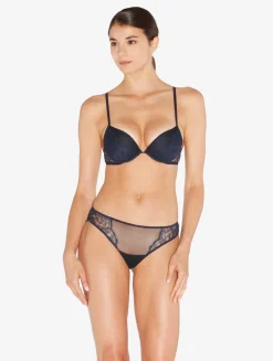 La Perla Push-Up Bra In Steel And Black With Leavers Lace< Padded|Push-Up
