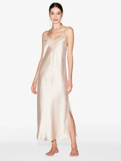 La Perla Rose Beige Silk Long Nightgown With Macramé< Slips & Dresses|Silk Sleepwear