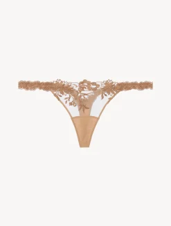 La Perla Thong In Beige Lycra With Embroidered Tulle< G String & Thong
