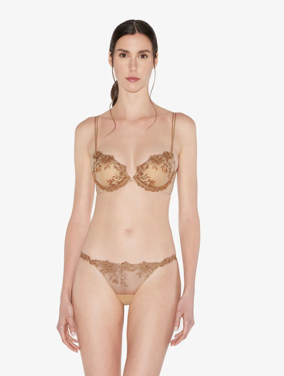La Perla Thong In Beige Lycra With Embroidered Tulle< G String & Thong