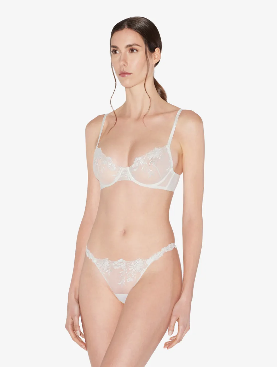 La Perla Thong In Off-white Lycra With Embroidered Tulle< G String & Thong